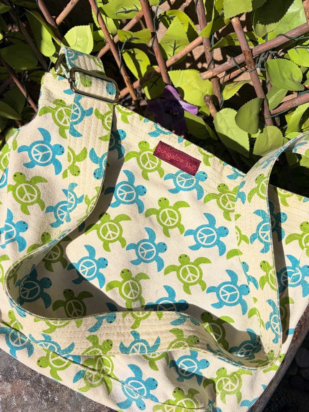 bungalow 360 Canvas Shoulder Bag with Blue & Green Turtle Print